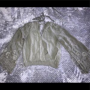 V neck crop top with flare embroidered arms